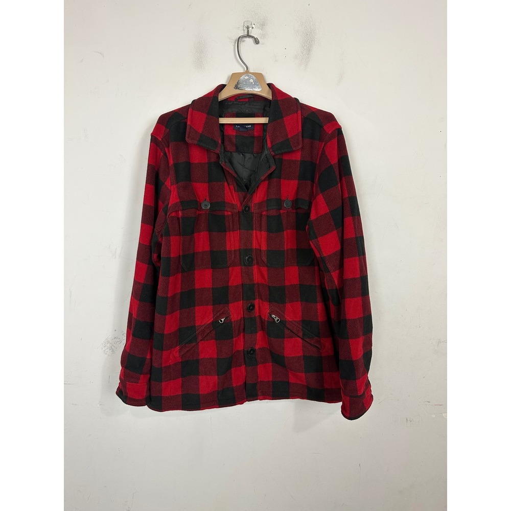 Lands' End Mens Red Black Buffalo Plaid ThermaCheck Fleece Shirt Jacket Large